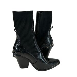 Azalea Wang Black Croc Embossed Sock Pointed Toe Architectural Block Heel Boots